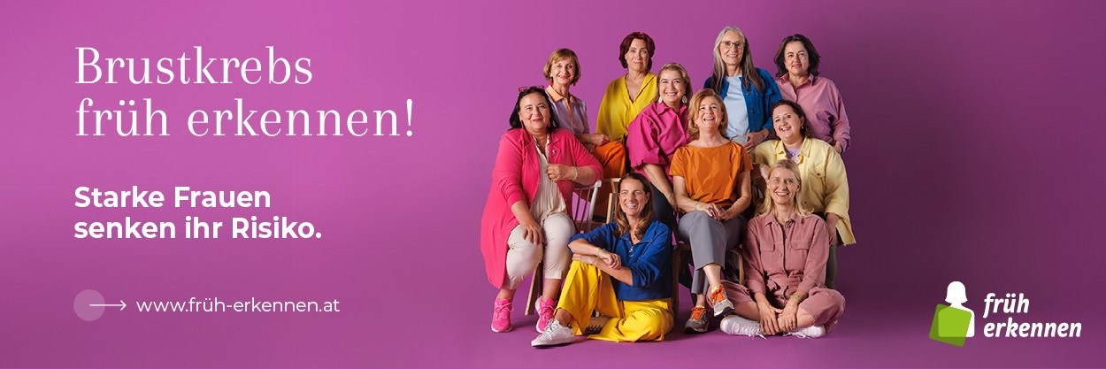 Werbebild für die Kampagne 'früh-erkennen.at' zeigt eine Gruppe von Menschen in verschiedenen Altersgruppen. Botschaft: Krebs früh erkennen!